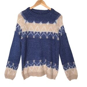 Mohair Knit Sweater XL Blue Beige Diamond Pattern Pullover Cozy Warm